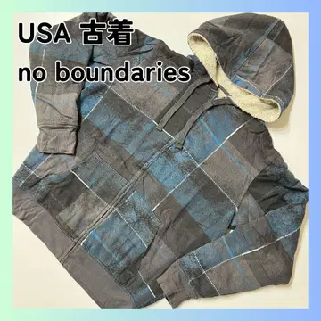 USA 구제 의류 후드티 체크 무늬 보아 L 사이즈 그레이 블루