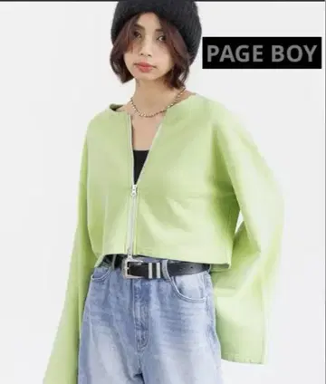 PAGEBOY 더블 지퍼 맨투맨 가디건 라이트 그린 크롭 기장