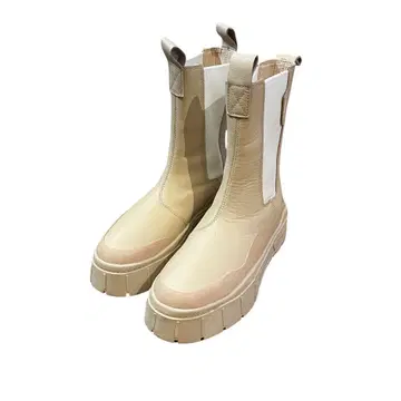 푸마 베이지 가죽 사이드 고어 부츠 통굽 롱 부츠 24cm