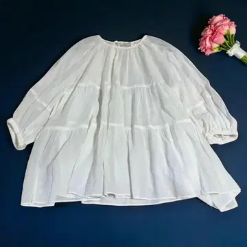 새상품급 요리 블라우스 퍼프 슬리브 티어드 개더 백리본 일본제