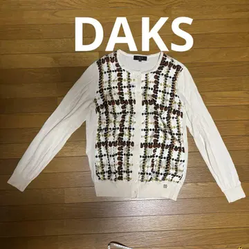 DAKS 도트 체크 무늬 긴팔 가디건 40 사이즈 베이지 브라운 계열