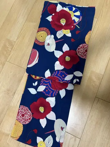 유카타 단품 후리후 꽃무늬 동백 유카타 네이비 컬러