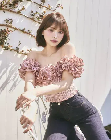 Darich 깅엄 체크 오프숄더 상의
