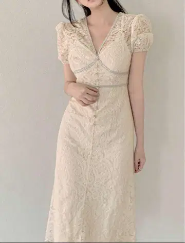 SHEIN 화이트 레이스 원피스 비쥬 버튼 V넥 드레스