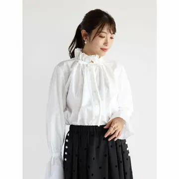 Vin 프릴 디자인 블라우스 화이트 긴팔 셔츠 리본 포함 코튼 면