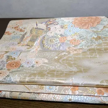 다색 꽃무늬 금실 자수 후쿠로 오비
