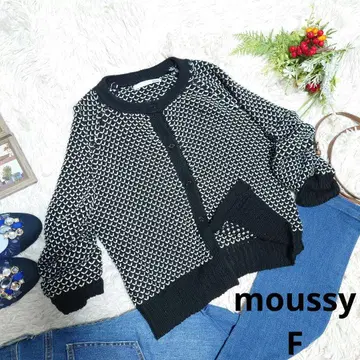 moussy 가디건 (M 상당) 화이트/블랙/코튼 혼방/헤링본 패턴