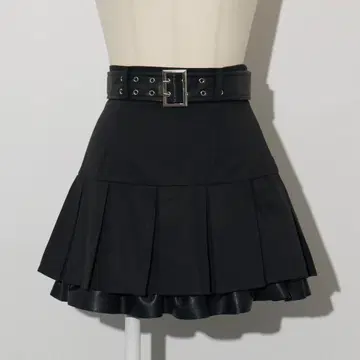 [미사용] pium 피움 가죽 벨트 플리츠 미니 스커트 블랙
