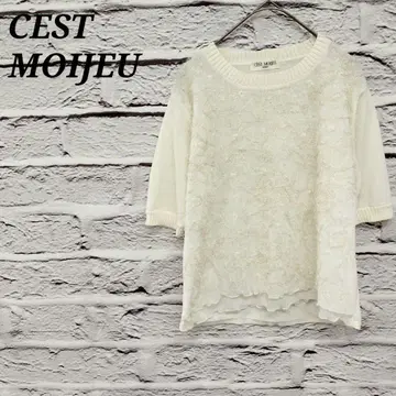 R4757 CEST MOIJEU 이소재 절개 반팔 니트 레이스 크루넥