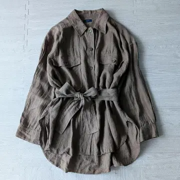 SHIPS 쉽스 린넨 긴팔 셔츠 브라운 허리 마크 리본 린넨 F