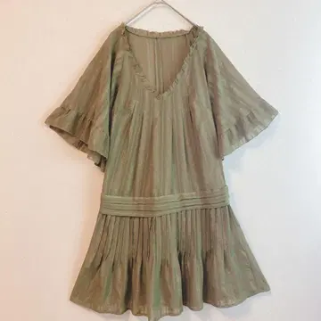 (M~L) 프릴 V넥 라메 스트라이프 플리츠 원피스 올리브