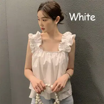 라쿠텐 프릴 블라우스 상의 슬리브리스