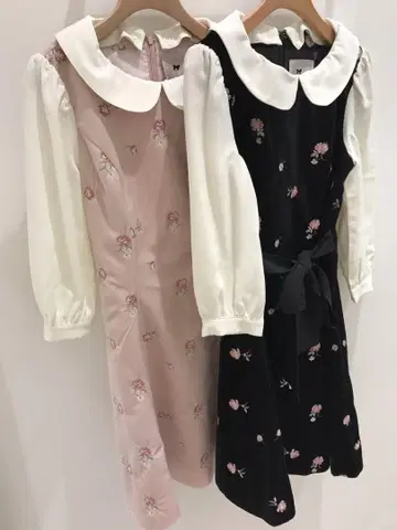 mille fille closet 러브 로즈 자수 벨로아 원피스 핑크