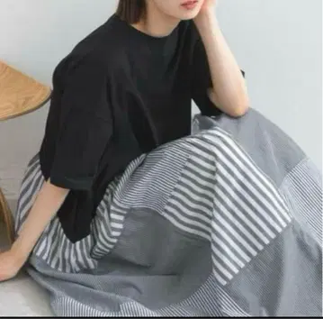미사용 새상품 Lupilien 접촉 냉감 삼각형 패치워크 원피스 블랙