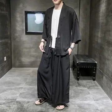남성용 하카마 사무에 상하의 셋업 블랙