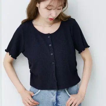 kastane 슬라브 리브 가디건 프론트 셔링 반팔 TEE 네이비