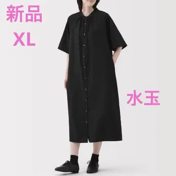 MUJI 매끄러운 리오셀 혼방 5부 소매 원피스 여성 XL 블랙 패턴