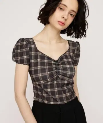 SLY CHECK PRINT PUFF SLEEVE 상의 완판 블랙