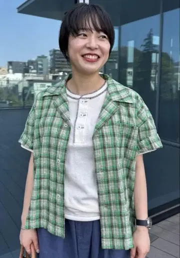 BEAMS BOY 체크 무늬 오픈 카라 셔츠