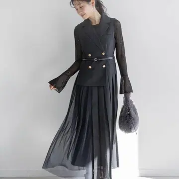 RANDA 자켓 라이크 플리츠 레이어드 원피스 네이비