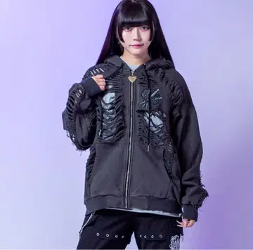 [ backstagepass ] 스켈레톤 데미지 지퍼 크러쉬 후드티