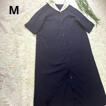 스크롤 세일러 칼라 반팔 롱 원피스 네이비 면 100