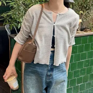 kastane 여름 퍼프 반팔 가디건 화이트 네이비 보더 새 상품