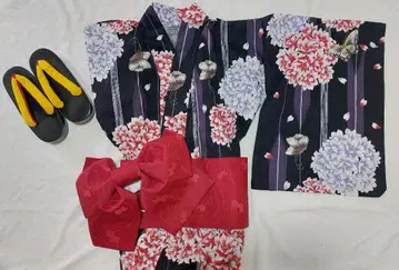 유카타 오비 세트 블랙 보라색 꽃무늬