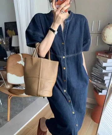 에누도토에스 N.S 벌룬 소매 스키퍼넥 데님 원피스 M