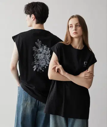 CLEL 빈티지 디자인 슬리브리스 프린트 T셔츠 블랙 XS