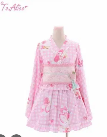 To Alice 딸기 깅엄 체크 핑크 유카타