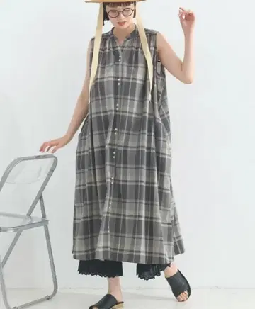 새상품 루피리안 인도 면 슬리브리스 원피스 마드라스 체크 그레이