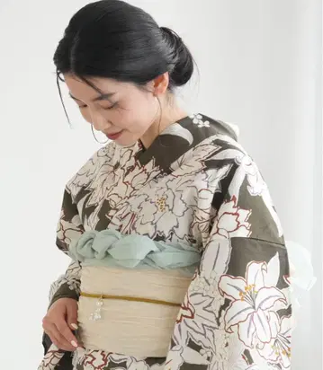 utatane 올리브 그린 꽃무늬 유카타 오비