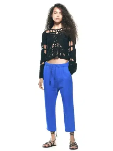 새상품급 ZARA 크롭 린넨 블렌드 팬츠 (S) 다이 블루