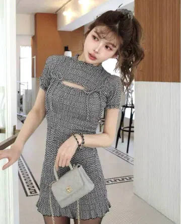 미사용 새상품 darich 리본 셔링 깅엄 미니 원피스 블랙