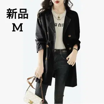 새상품 M [ 트렌치코트 ] 미들 기장 넉넉한 핏 허리 조절 심플 블랙