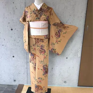 순수 실크 코몬 크레이프 원단 부채 꽃무늬 이중 기모노