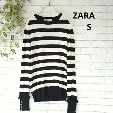 ZARA 보더 라운드넥 니트 S 소매 프릴 펄 장식