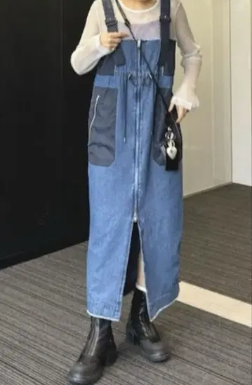 JEANASIS 패치워크 멜빵 데님 원피스
