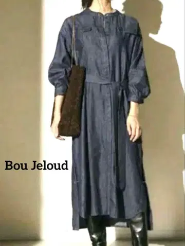 [Bou Jeloud] 허리 리본 데님 백 프릴 셔츠 원피스