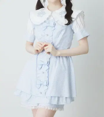 Ank Rouge 깅엄 체크 콤비네존 고양이 발바닥 블라우스 스카이블루