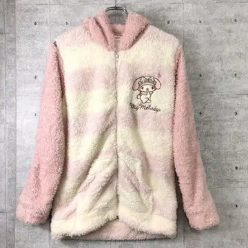Sanrio 구제 마이멜로디 자수 보더 뽀글이 보아 집업 후드티