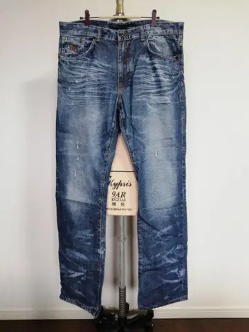 ROCAWEAR 데미지 가공 블루 데님 와이드 스트레이트 팬츠