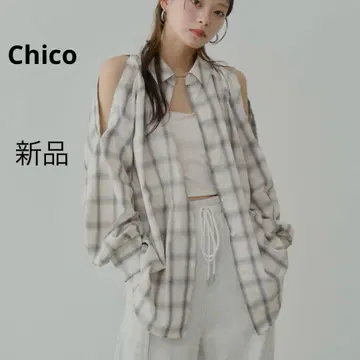 [새상품] Chico 치코 어깨 버튼 2way 루즈 체크 셔츠 베이지