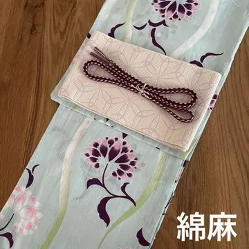 유카타 미사용 새상품 꽃무늬 린넨 면 스카이블루 유카타 세트