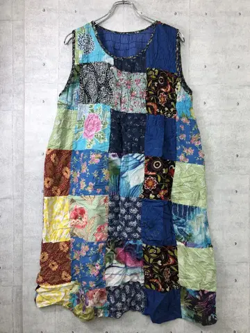 Hyo 구제 에스닉 패치워크 파이핑 슬리브리스 원피스