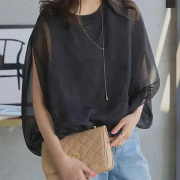 시폰 블랙 반소매 톱 프리 사이즈