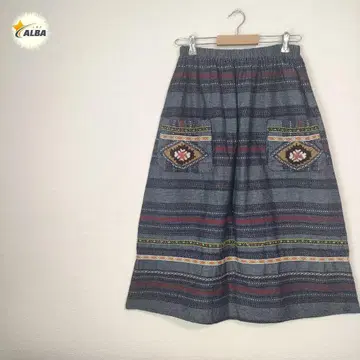 플레어 스커트 에스닉 패턴 데님 자수 네이티브 아시아 블루