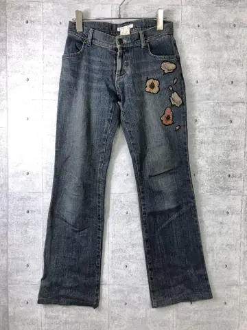 00's 보헤미안 구제 의류 퇴폐 플라워 자수 스트레치 데님 팬츠