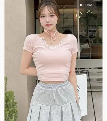 레이스 핑크 반팔 티셔츠 FREE 사이즈